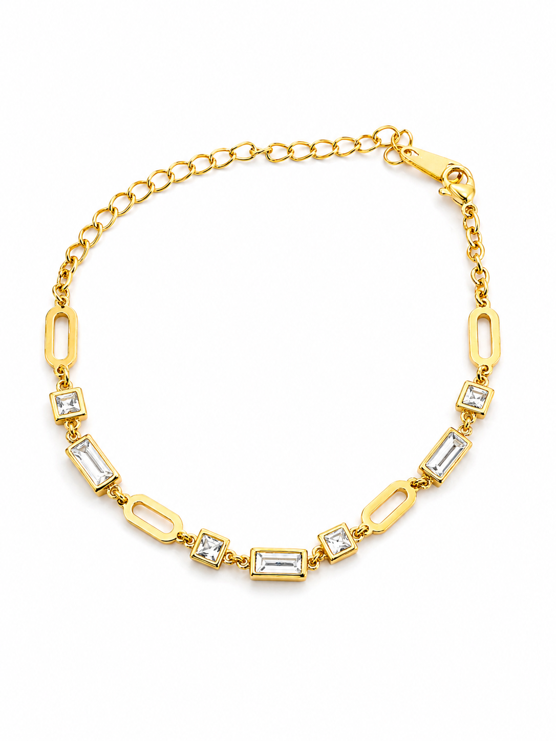 Gold Mixed-Link Crystal Bracelet – Baguette & Square Stone Design | Rosé Luxe Jewelry