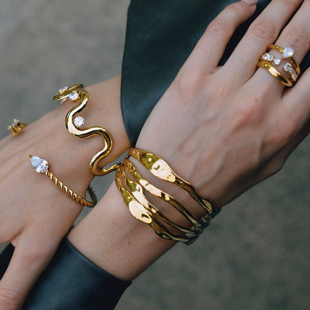 Gold Twisted Cuff Bracelet – Crystal Open Bangle | Rosé Luxe Jewelry