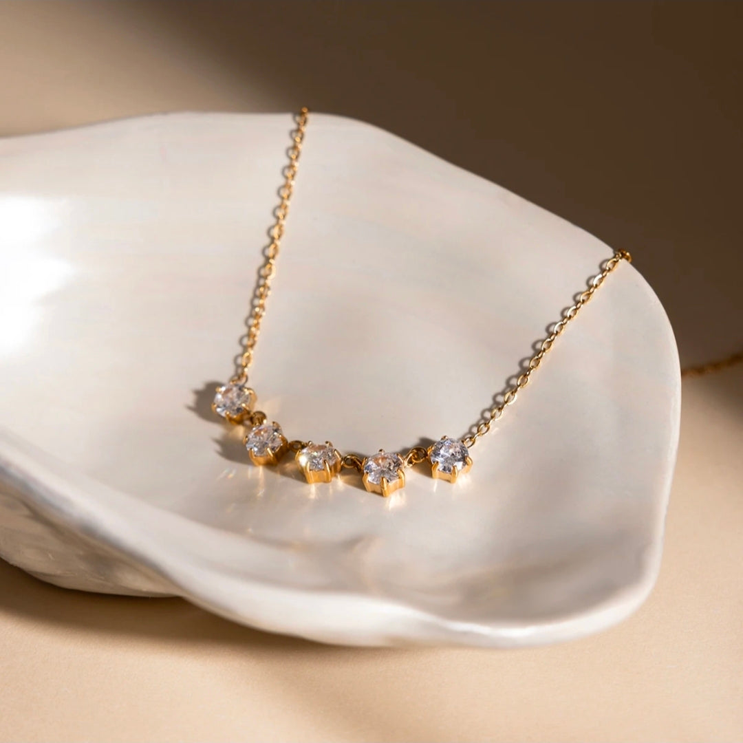 Gold Five-Stone Crystal Necklace – Dainty Diamond-Like Pendant | Rosé Luxe Jewelry