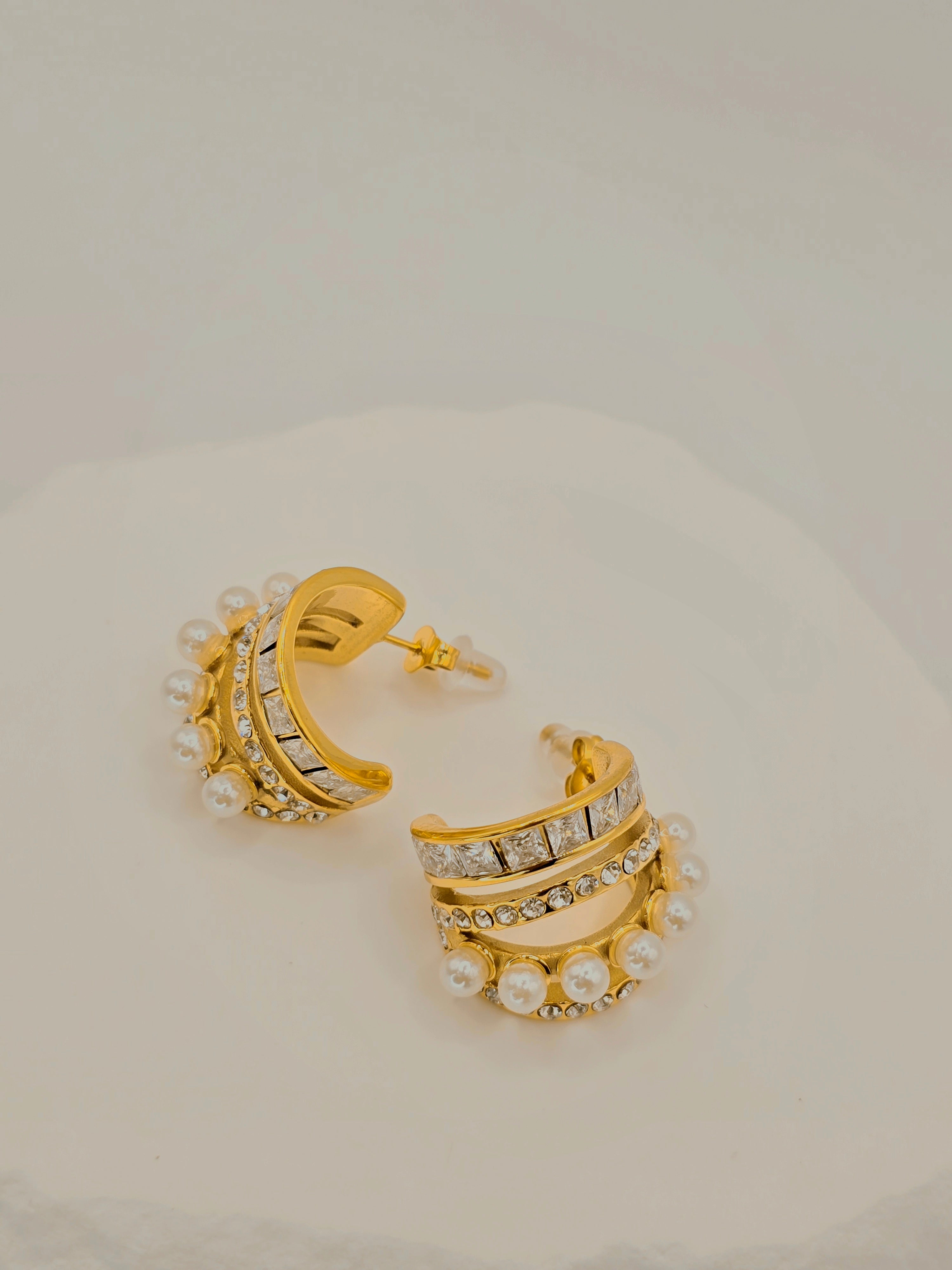 Rosé Luxe Gold Pearl & Crystal Hoop Earrings – Statement Elegant Design