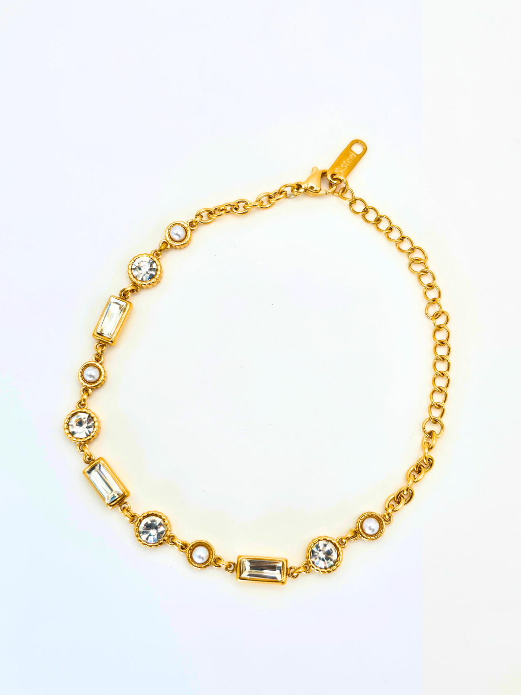 Luxury Gold Crystal & Pearl Bracelet for Women – Elegant Adjustable Chain Bracelet with Sparkling Cubic Zirconia Stones, Minimalist Waterproof Tarnish Resistant Jewelry Gift for Her