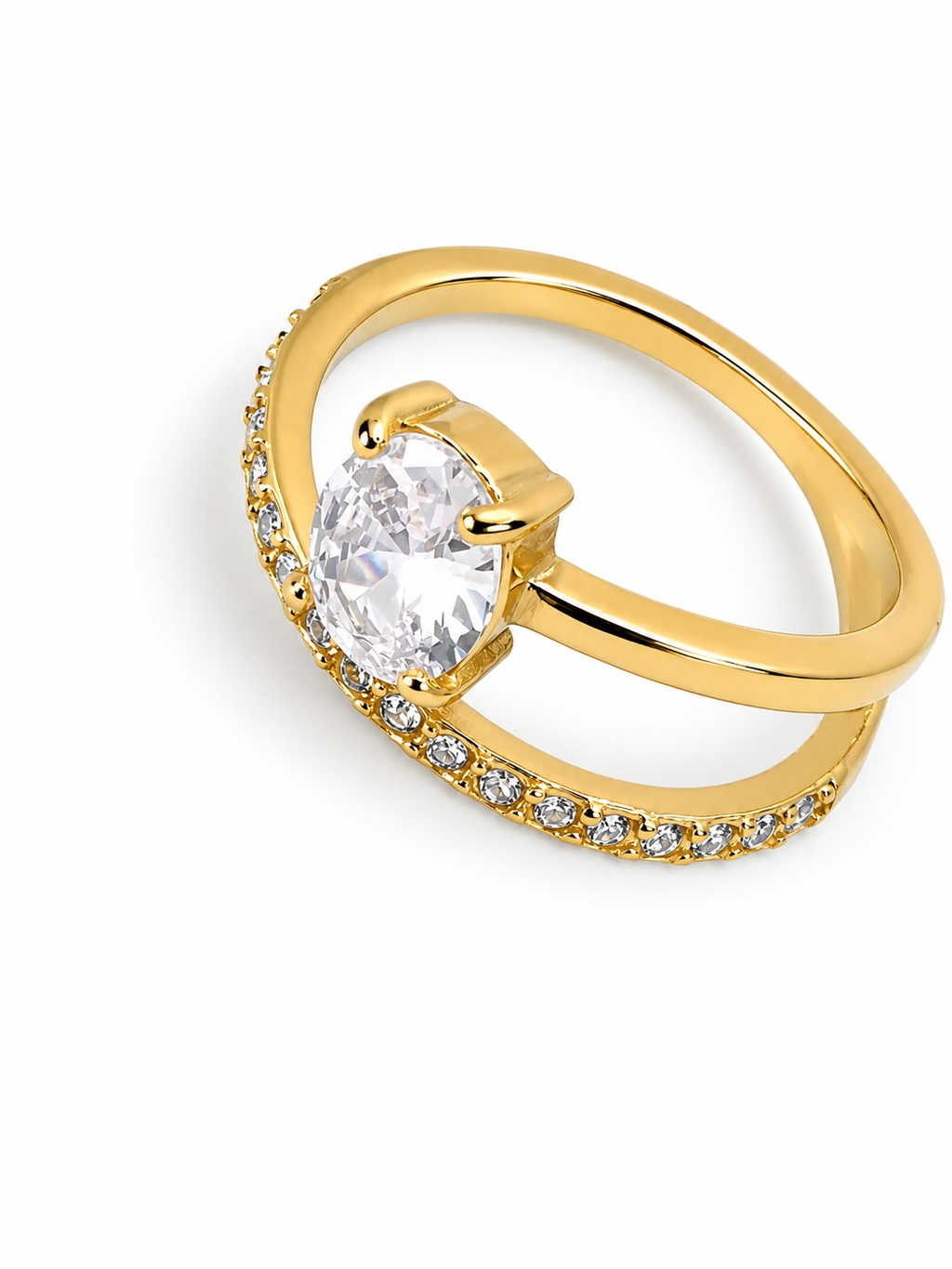 Rosé luxe Gold Crystal Solitaire Ring – Elegant Double Band Statement Ring
