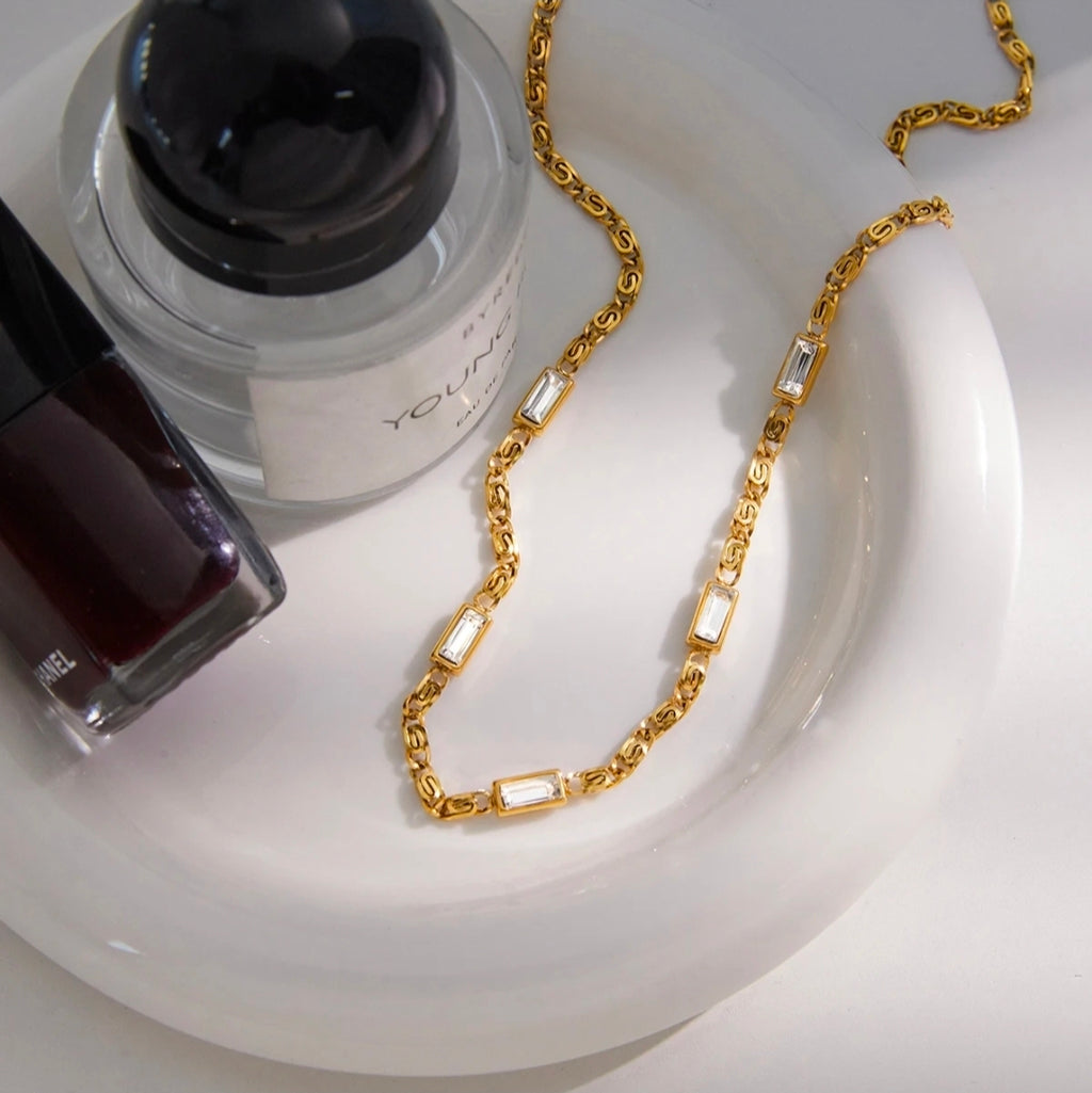 Gold Baguette Crystal Chain Necklace – Luxury Statement Link | Rosé Luxe Jewelry