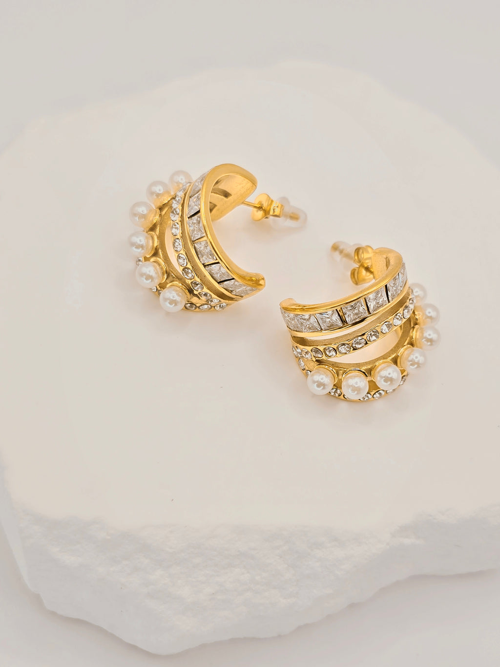 Rosé Luxe Gold Pearl & Crystal Hoop Earrings – Statement Elegant Design