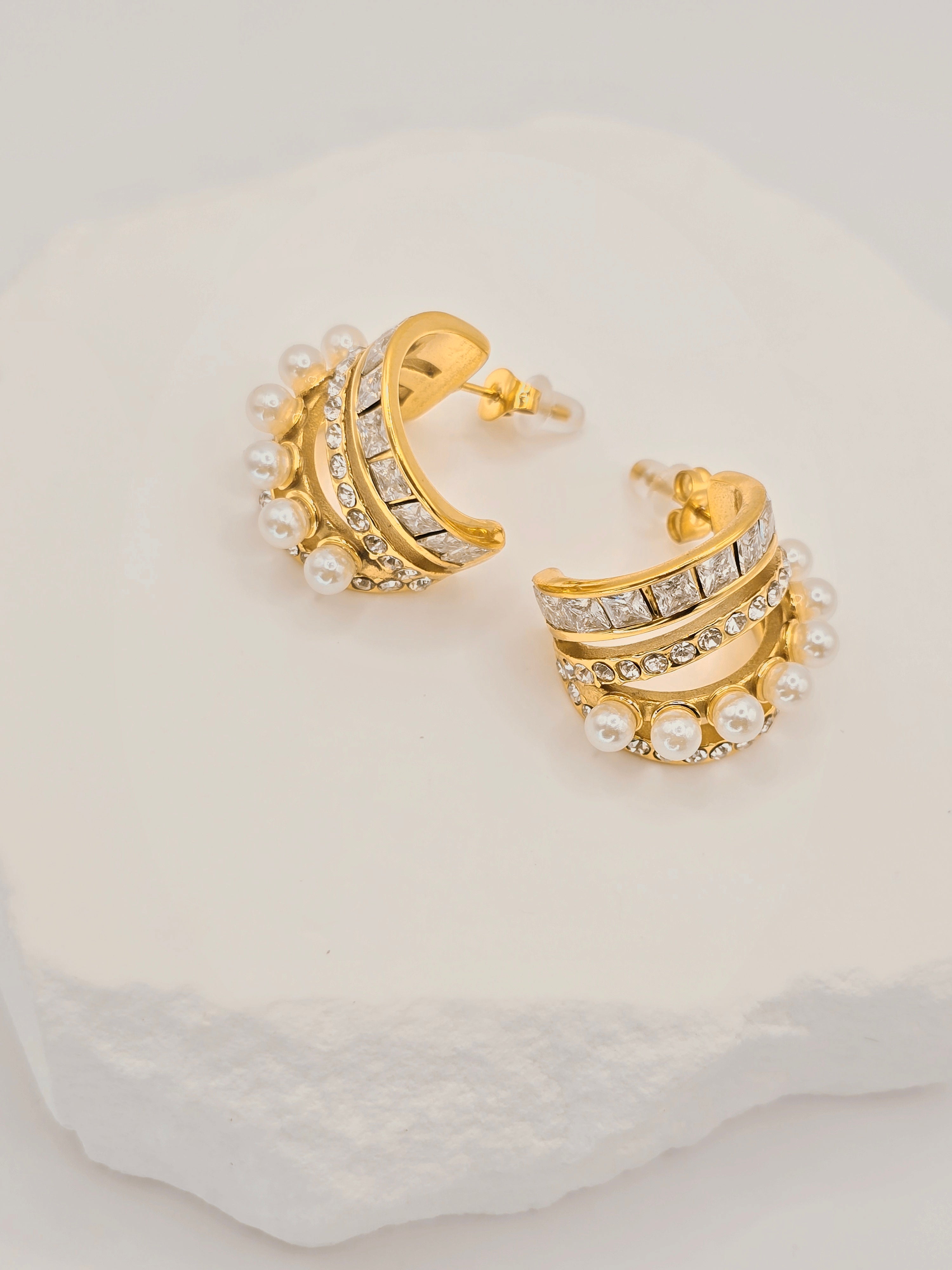 Rosé Luxe Gold Pearl & Crystal Hoop Earrings – Statement Elegant Design