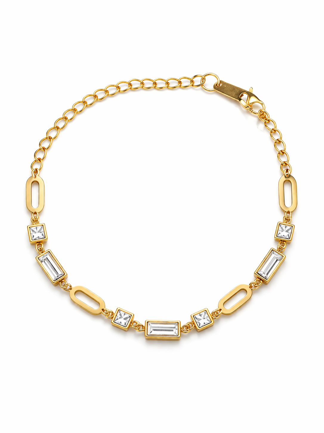 Gold Mixed-Link Crystal Bracelet – Baguette & Square Stone Design | Rosé Luxe Jewelry