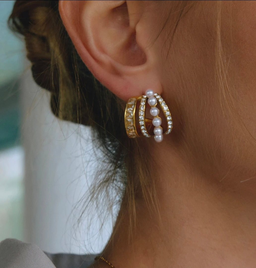 Rosé Luxe Gold Pearl & Crystal Hoop Earrings – Statement Elegant Design