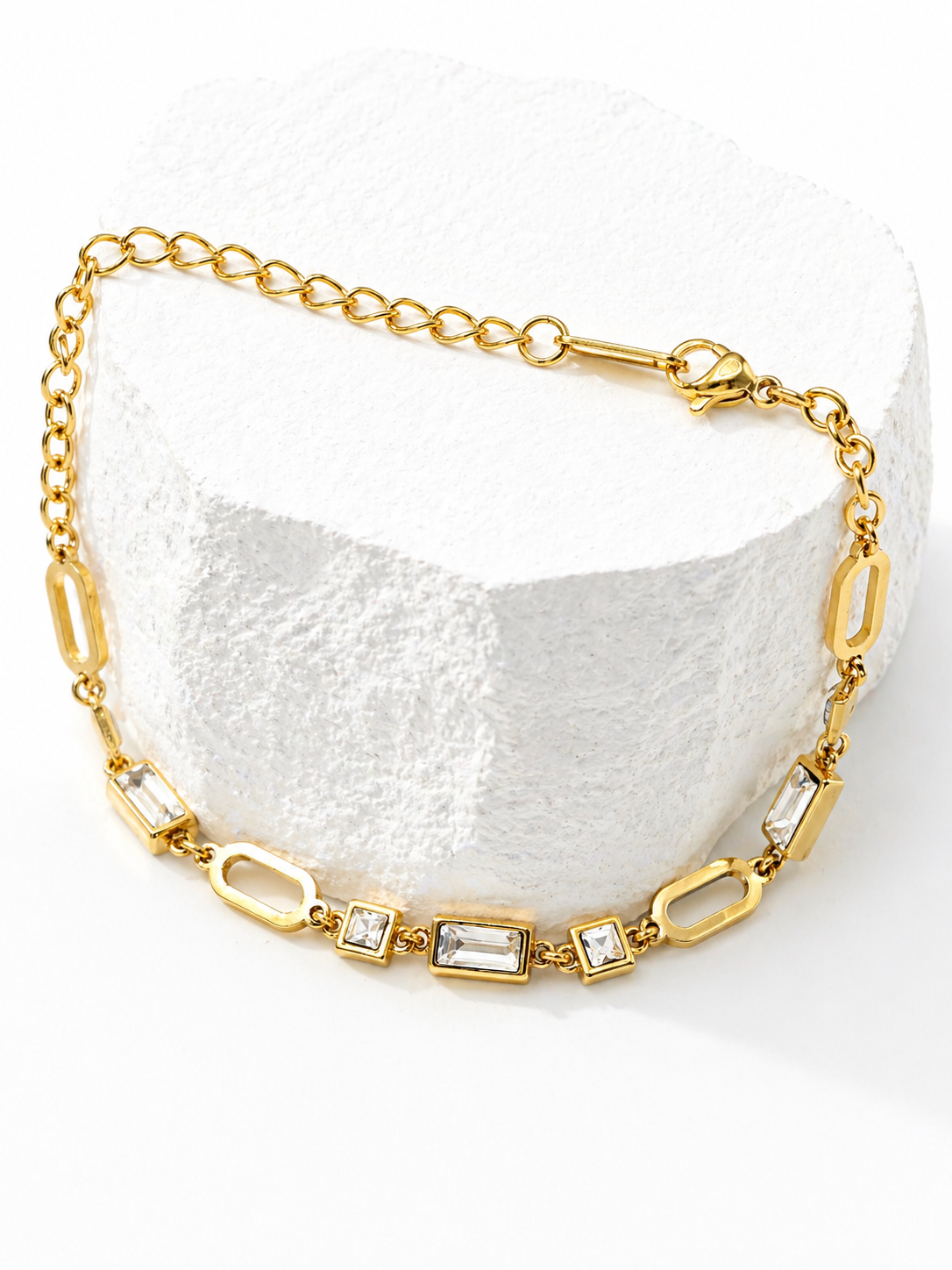 Gold Mixed-Link Crystal Bracelet – Baguette & Square Stone Design | Rosé Luxe Jewelry