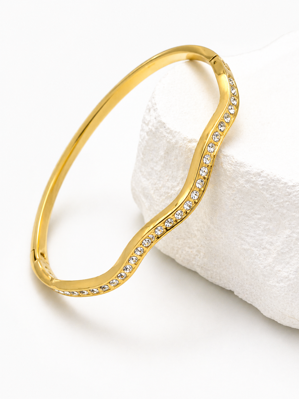 ROSÉ LUXE Gold Wave Crystal Bangle Bracelet for Women – Elegant Minimalist Luxury Jewelry, Waterproof & Tarnish-Resistant