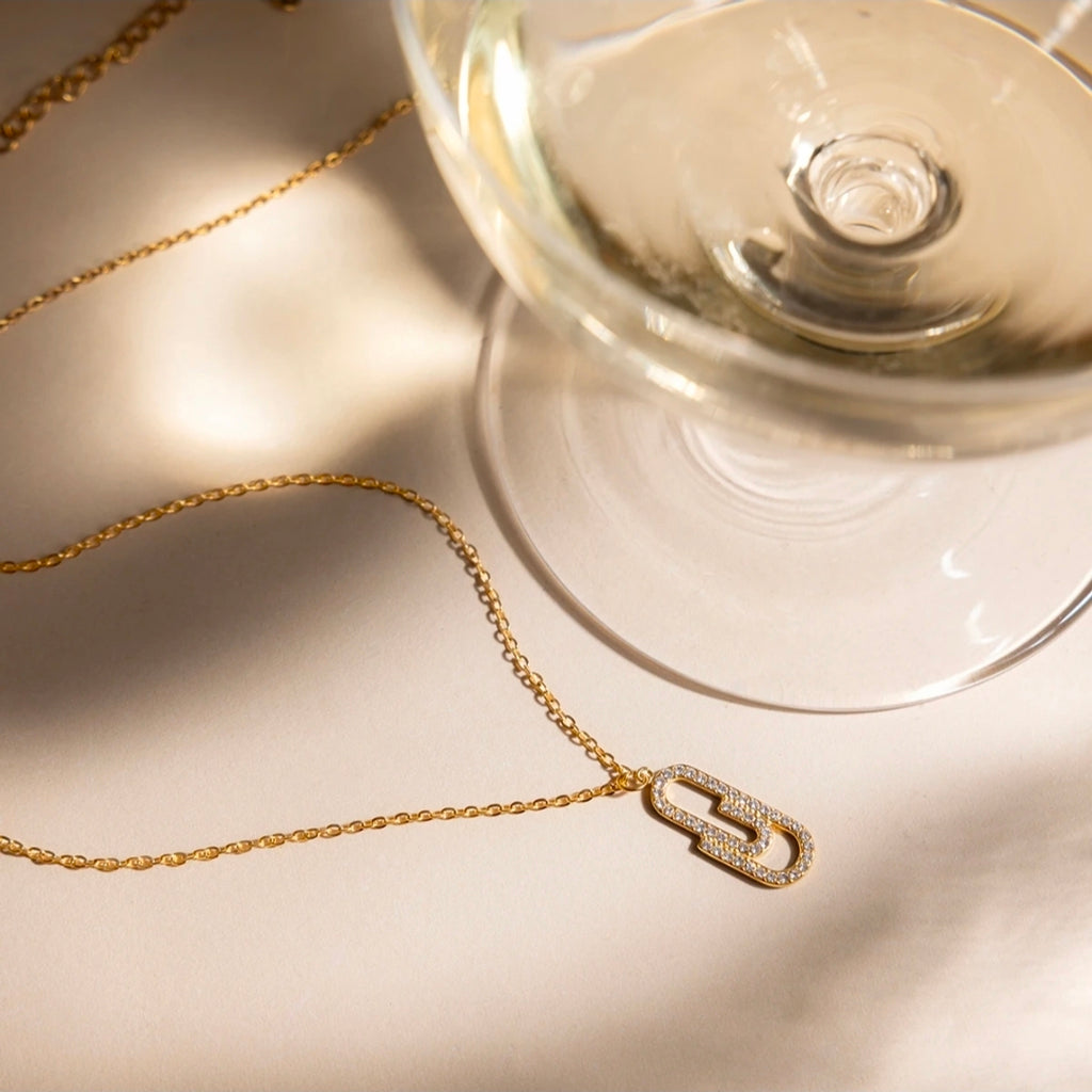 Gold Link Pendant Necklace – Crystal Detail, Tarnish-Free Waterproof Jewelry