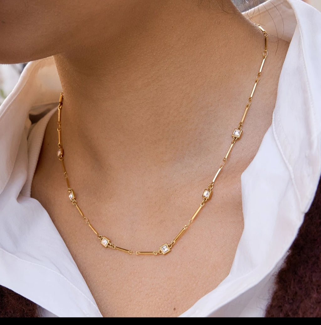 Gold Crystal Station Necklace – Minimalist Luxury Layering Piece | Rosé Luxe