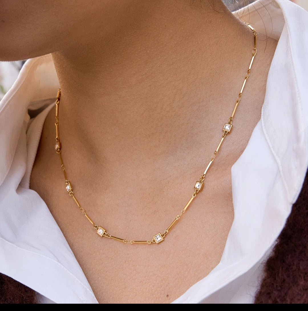 Gold Crystal Station Necklace – Minimalist Luxury Layering Piece | Rosé Luxe