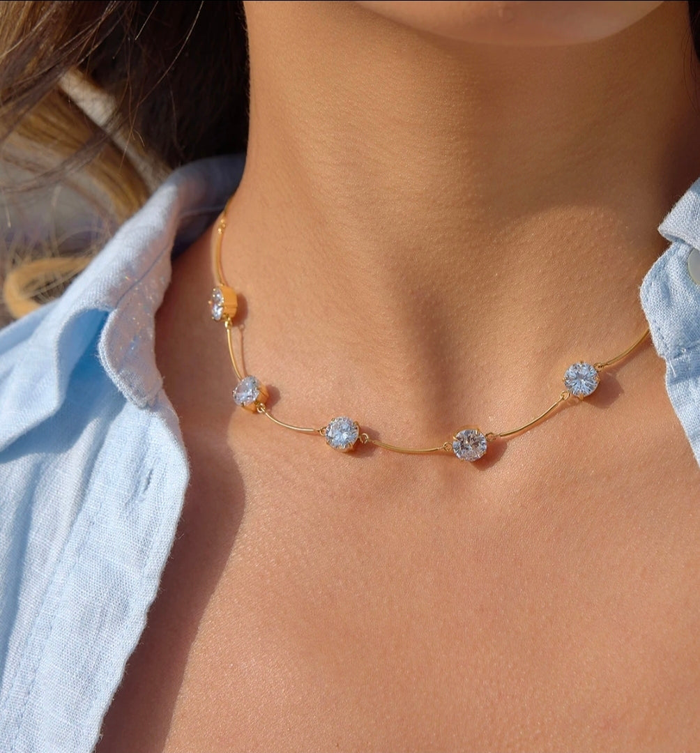 Gold Crystal Station Necklace – Dainty Diamond-Like Chain | Rosé Luxe Jewelry