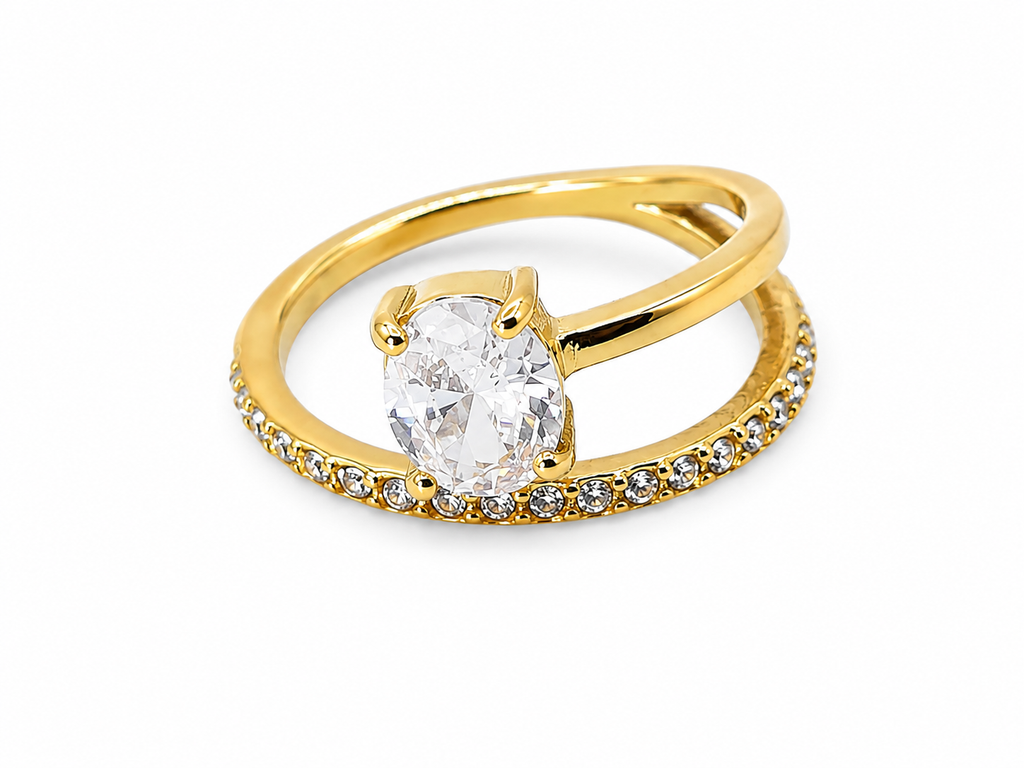 Rosé luxe Gold Crystal Solitaire Ring – Elegant Double Band Statement Ring