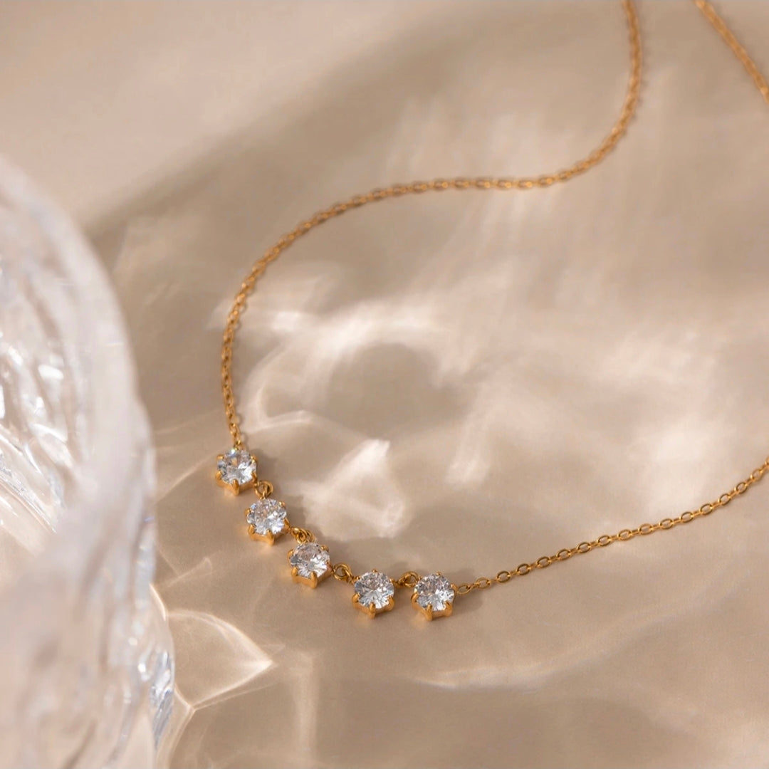 Gold Five-Stone Crystal Necklace – Dainty Diamond-Like Pendant | Rosé Luxe Jewelry