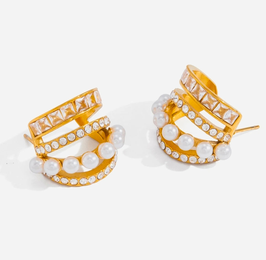 Rosé Luxe Gold Pearl & Crystal Hoop Earrings – Statement Elegant Design
