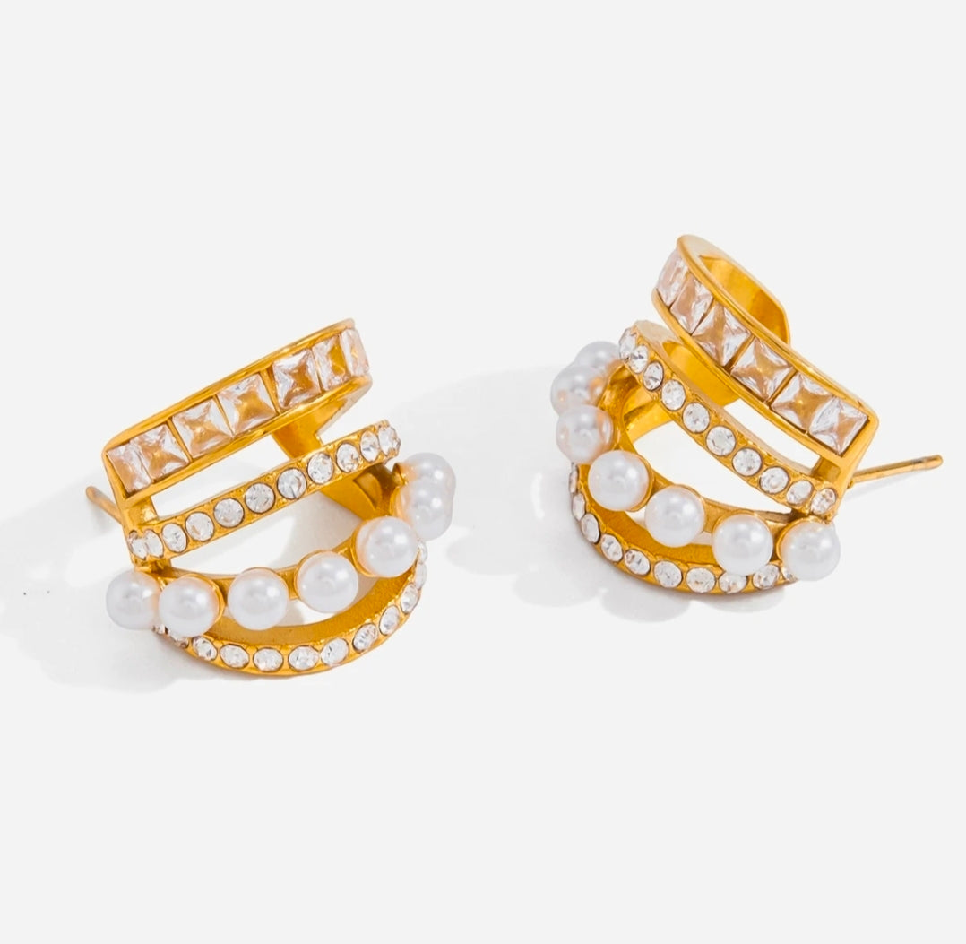 Rosé Luxe Gold Pearl & Crystal Hoop Earrings – Statement Elegant Design